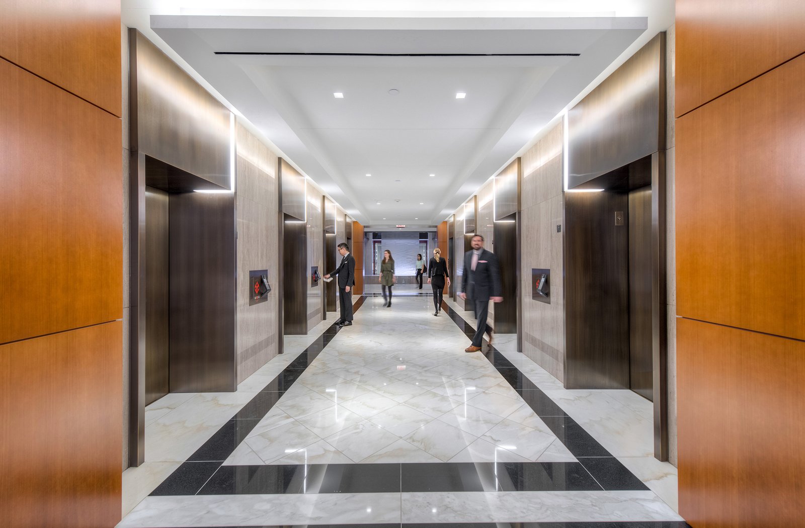 Image of the new high-efficiency destination-dispatch elevators at 1500 K Street, an eco-friendly office space